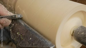 professional carpenter is using skew chisel for shaping piece of wood. wood tuning lathe at work. shaping piece of wood on wood turning lathe at workshop