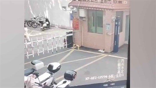 Chinese woman tries climbing over car park barrier.... but it lifts her up and pins her to wall