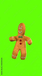 Gingerbread man dancing. 3D animation. Green screen vertical background. 3d rendering not AI