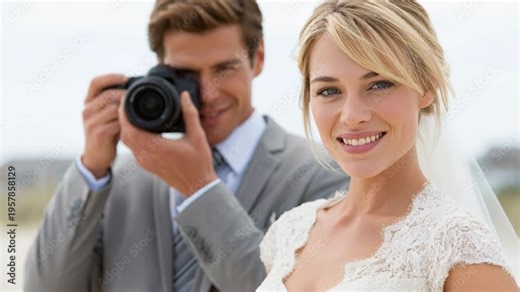 A groom in a suit takes a photo of his smiling bride at the beach, capturing their special day.