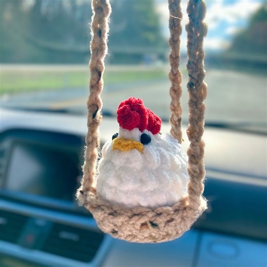 Crochet Chicken Car Charm: Handmade Plush Rear View Mirror Hanger - Etsy