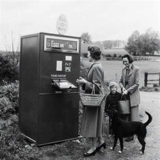 A woman buys eggs from an Egg-O-Matic vending machine in England, 1960. Another woman stands nearby with her child and dog, watching as the machine dispenses a carton of eggs. This early example of automated retail brought convenience to rural areas, allowing people to purchase farm-fresh produce at any time of day. | Lost in History Page