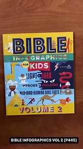 BIBLE INFOGRAPHICS VOL 2 (P445) Bible Infographics for Kids Vol. 2 explores fun and quirky facts from the Bible to help readers gain Bible knowledge along the way. Volume 2 highlights the differences between light and dark, Bible heroes and villains, and other mind-blowing Bible facts. Ding, ding, ding! Ladies and gentlemen, welcome to Bible Infographics for Kids Vol. 2, where we're going to compare some of the most AWESOME opposites from God's Word and witness amazingly EPIC battles between goo
