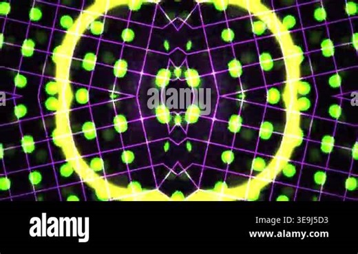 Dynamic kaleidoscopic animation featuring rhythmic neon green glowing circles and purple geometric grid lines on a dark background for futuristic visual effects Stock Video Footage - Alamy