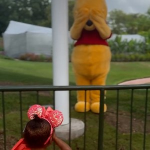 Toddler plays peek-a-boo with Winnie the Pooh