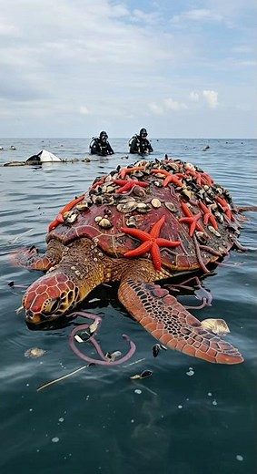 Rescuing a rare red turtle from barnacles and starfish