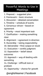 🧠 Smart Words to Use in Meetings for Strong Impact Speak less, sound smarter. These words help you lead conversations confidently. 15 Powerful Words with Meaning: #MeetingSkills #CorporateEnglish #ProfessionalGrowth #OfficeFluency #SpeakBetter | English Learners
