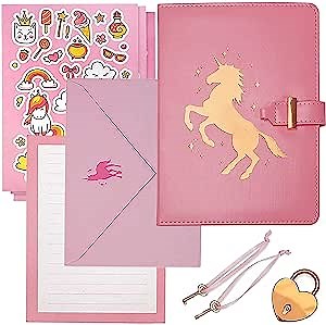 Pink Unicorn Diary for Girls - Cute Journal for Writing & Drawing - Composition Notebook for Girls - Unicorn Fun! (Pink Unicorn Diary with Lock & Key + Matching Envelopes Notecards and Stickers)