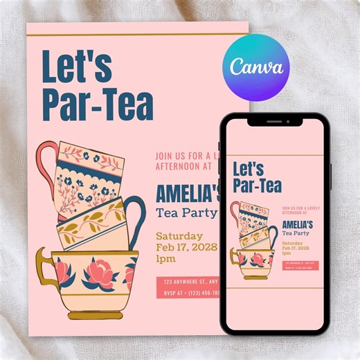 Tea Party Invitation, Editable Template, Printable Tea Party Invite, Digital Download Card, Personalized Tea Party Invitation, 5x7 A6 Mobile - Etsy