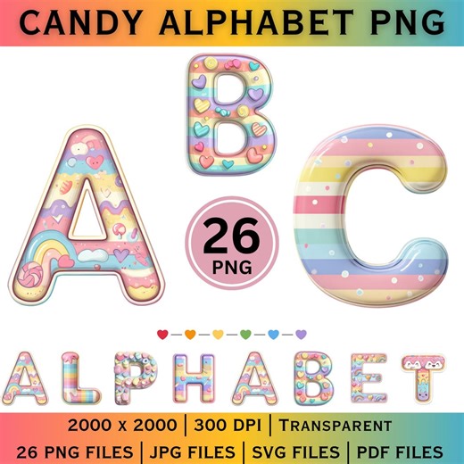 Candy Alphabet PNG Letters Sweet Pastel Candy Clipart Sublimation Printable Alphabets Design - Etsy