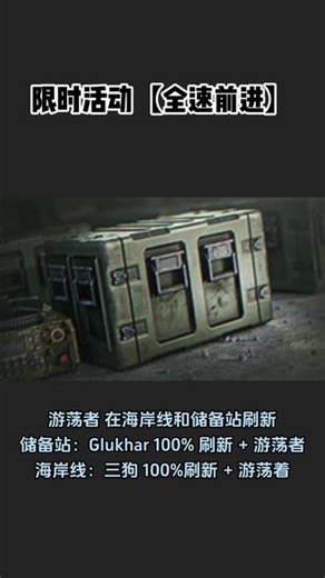 逃离塔科夫 限时活动 全速前进 开始了 游荡着 在海岸线和储备站刷新，还有4个全新的限时任务和成就等你来解锁。更多任务介绍可在OPTARKOV网站中查询#逃离塔科夫