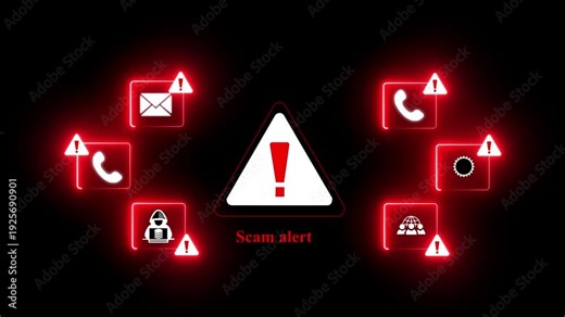 Glowing neon Scam alert warning. cybersecurity concept. Woman using laptop, warning sign for scams with icons representing online threats, phishing. 4k video motion graphic of scam alert concept