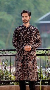 40K views · 174 reactions | Exclusive Panjabi Price: 24,500 Taka Size: 36-44 Color: BLACK Fabric: COTTON Work Details: This men's Panjabi showcases outstanding craftsmanship with intricate hand embroidery and sparkling sequin accents, making it a standout piece. #fashion #artisans #panjabi | Azran | Facebook