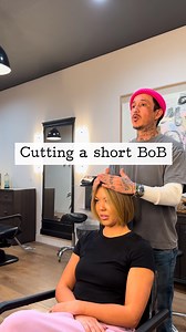 •Cutting a short BOB• •measure the neck of where you want the length to be with your bob •cut the perimeter blunt in a concave shape. When you get to the nape you elevate the guide to soften the line so it’s not so heavy •follow your guide to the sides connecting it your guide in the back. You can make it longer in the front or make it square which I did on this cut. •blowdry the hair straight cutting into it if needed. To soften the line. •when the hair is dry I round out the layers so that the
