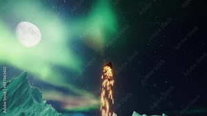 Dynamic flight of Santa on a sleigh with reindeer. Flying above the clouds, the sky is covered with aurora borealis. New year theme concept. Santa delivers gifts. Dynamic 3d animation. High-quality 3D