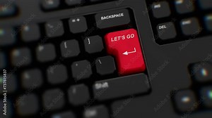 Let's go red button on keyboard. A finger presses Let's go. Click Let's go. Realistic keyboard button. Red button Let's go to push. Set for action. Keyboard with unique word to press. Close-up CGI Stock Video
