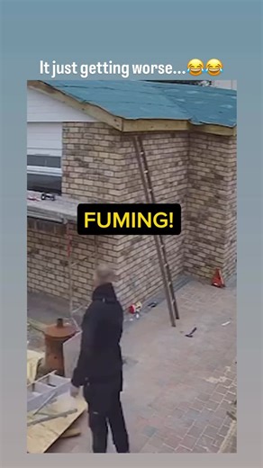Scroll Stop 🛑 on Instagram: "This video shows a construction worker experiencing a series of unfortunate falls while trying to work on the roof of a brick building. In the first instance, the man is standing on a small stepladder that suddenly kicks out from under him, causing him to fall to the ground. After getting back up and appearing visibly frustrated, he switches to a taller extension ladder to reach the roof. However, as he attempts to step from the ladder onto the roof’s edge, he loses