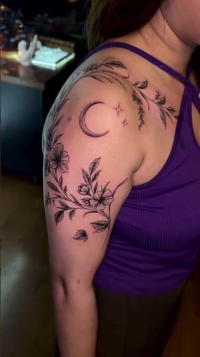 Elegant Floral Moon Shoulder Tattoo | Fine Line Feminine Tattoo Design 🌙🌸
