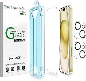 amFilm OneTouch 2+2 Pack Compatible with iPhone 15 Screen Protector 6.1" Tempered Glass with Camera Lens Protector Accessories, Premium Easiest Installation Kit 9H, Case Friendly Anti-Scratch HD