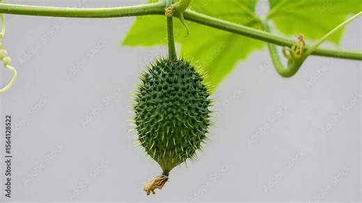 Toxic Ecballium elaterium fruit hanging from vine, covered with spiky skin. Close-up of wild Mediterranean plant known for its explosive seed dispersal. Concept poisonous flora, natural defense. Stock Video