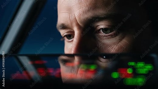Focused airline staff member peeking from behind cockpit control panel with intense gaze.