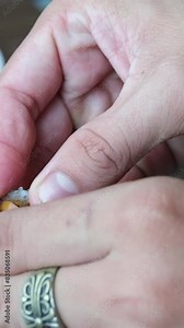 male hands open a shell, taking out a clam, showing how to open a shell correctly