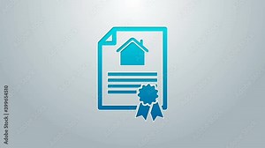 Blue line House contract icon isolated on grey background. Contract creation service, document formation, application form composition. 4K Video motion graphic animation