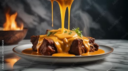 Gourmet dish presentation orange sauce pouring on appetizing cuisine