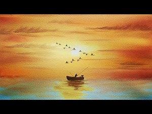How to Paint a Beautiful Sunset in Watercolour with Fisherman & Sea Birds, Easy Watercolor Tutorial