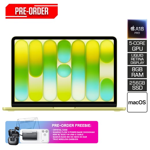 Apple NoteBook MacBook Neo 13inch Citrus Liquid Retina Display /A18 Pro 6core CPU, 5core GPU, 16core Neural Engine / 8GB unified memory/ 256GB SSD storage / 20W USB-C Power Adapter/ US English Magic Keyboard with Lock Key (MHFD4PP/A) Pre-Order Downpayment