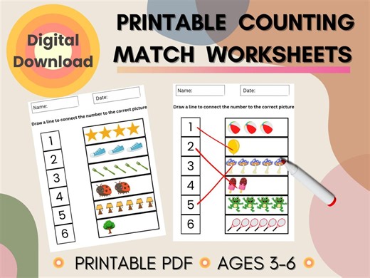 Printable Counting Match Worksheets for Preschool & Kindergarten - Numbers 1-6 - Early Math Practice - Digital Download - Etsy Australia