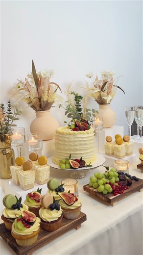 Celebration cake set up with matching cupcakes 🧁 featuring fruits mentioned in the Quran ❤️ #cake #cakedecorating #sunnah #weddingtok #desserttable