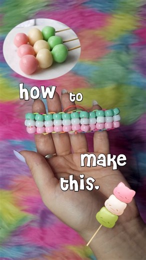 Pastel (kei), Roach, Honey on Instagram: "Ladder stitch Kandi cuff dango 🍡 tutorial for you all!!! ☆☆☆ Let me know what tutorial you'd like to see next!! Honestly though for the next week or so it'll probably be a lot of stars just cut I'm seeing family for Thanksgiving and won't have time to record then so I gotta make a backlog of them xD Text based tutorial: You will need kandi beads, fabric elastic string, scissors and pony beads. This stitch is called a ladder stitch and is one of the most