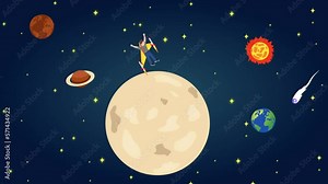 Happy boy flying with rocket learning Astronomy 2d animation