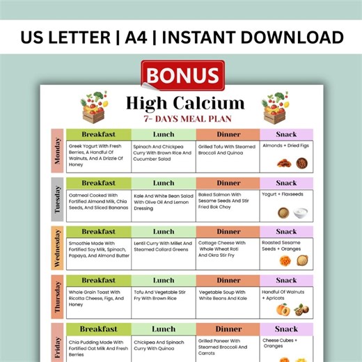 High Calcium Diet Plan | 7-day Bone Density & Health Support | Rich Calcium Foods | Dairy, Fish and Leafy Greens | Printable PDF - Etsy UK