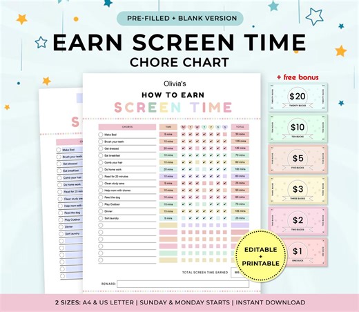 Earn Screen Time, Kids Screen Time Chart, Editable Reward Chart, Screen Time Chore Chart, Printable Checklist, Daily Screen Time Schedule - Etsy Australia