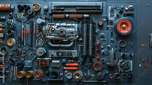 A detailed view of an engine bay being repaired, with parts and tools meticulously arranged