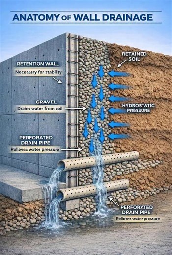 🌊 Importance of Drainage in Retaining Walls – Key Points - Hydrostatic Pressure Risk - Without drainage, water builds up behind the wall. - This creates hydrostatic pressure, leading to cracks, leaning, or even collapse. - Gravel Drainage Layer - Acts as a filter, guiding water downward. - Prevents water from getting trapped in soil. - Redirects water safely away from the wall. - Weep Holes (Pressure Relief Outlets) - Located at the base of the wall. - Allow accumulated water to escape. - Reduc