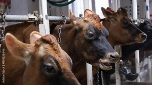 Winter Barn Scene with Cows Breathing Steam by Feeding Troughs.serene winter scene on a rural farm, featuring cows standing near feeding troughs inside a barn. portraits of cows
