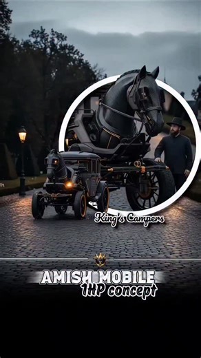 King's Campers on Instagram: "Amish | Mobile | “1hp” – AI digital design matte graphite coach with brass/gold accents and tall spoked wheels; carbon-weave mechanical “horse” up front with modern suspension, discs and led lanterns, rear travel trunk and glass coach windows. inside: tufted-leather bench, wood-and-brass dash with analog gauges, warm strip lighting, and a compact tea galley with burner + sink—old-world romance, modern engineering. #amishmobile #1hp #concept #carriage #coachbuilt #re