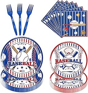 Baseball Party Supplies - 120PCS Baseball Birthday Party Decorations Supplies Set Baseball Theme Plates Napkins Forks Dinnerwares Set Disposable Sports Birthday Party Dinnerware (30 Guests)