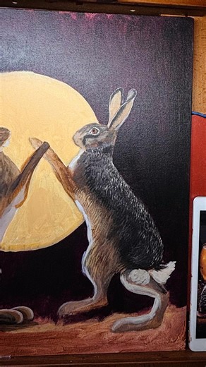 #workinprogress #acrylicpainting #wildhares #boxinghares #haremoon #moonlight #karenburke #artwork #paintingvideo A work in progress, 16x20 acrylic paint on canvas board. | Karen Burke Art