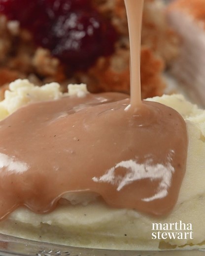 Learn how to make the perfect gravy for Thanksgiving using caramelized, brown bits from the bottom of the roasting pan, homemade Giblet stock, Madeira wine, and salt and pepper for seasoning. https://bit.ly/3x1zc7T | Martha Stewart
