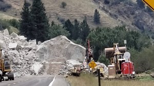 CLEARING THE WAY: A video from the Idaho Transportation Department showing the use of explosives to aid in removal of one of the biggest boulders blocking US95 south of Riggins. The boulder measures 40 feet across. The boulder is part of a rock fall that has been blocking the highway since July 3. | Big Country News Connection