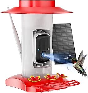 Hummingbird Feeder with Camera Outdoor, SV3C Hanging Bird Feeder with Ant Moat & Bee-Proof, HD 2K Solar Powered, AI Bird Identify, Instant App Alerts, Auto Capture, Hummingbird Lover Gifts, 21oz, Red