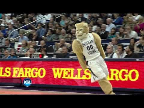 BYU mascot Cosmo dunks from 3-point line