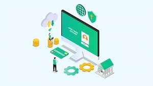 Two people animation using a computer to registering bank account. Cartoon in 4k resolution