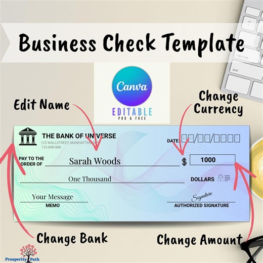 Editable Business Checks Template | Printable Business Check PDF | Canva Business Check Template | Blank Office Checks - Etsy