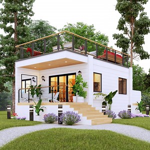 Plan d'une petite maison moderne avec terrasse sur le toit : 1 lit, 1 salle de bain (Téléchargement PDF, 5 x 10 m) - Etsy France
