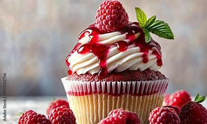 A raspberry cupcake with white frosting, topped with fresh raspberries and drizzled with raspberry coulis.
